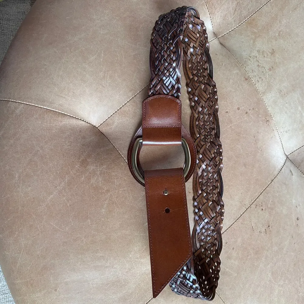 Wide Woven Leather Belt Brown Oversized Ring Buckle Boho Western Cowgirl Women M